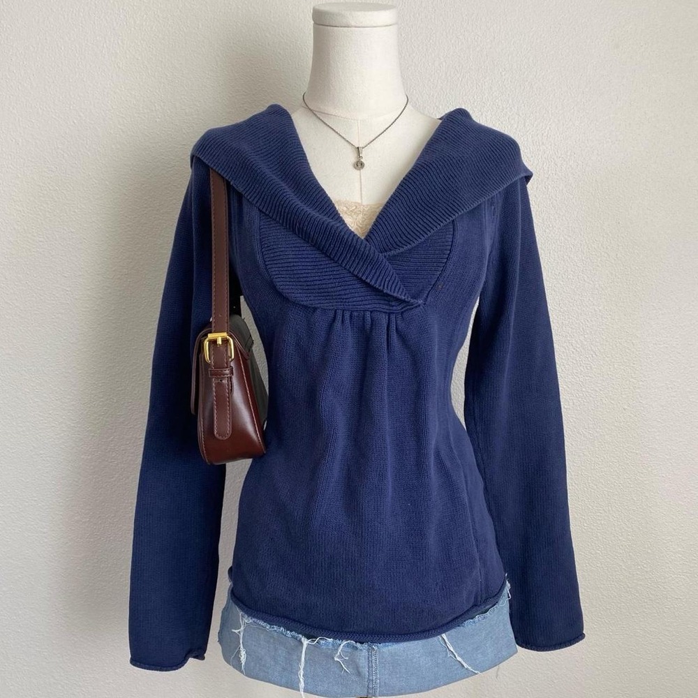 Y2K 2008 Gap Blue Knit Sweater Sailor Collar Gathered Waist Long Sleeve Cozy